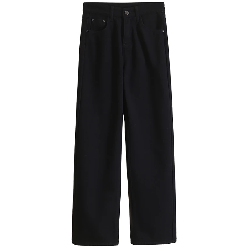 【伍莎-自营】韩版宽松加绒直筒裤休闲黑色牛仔裤#UPB48Z006