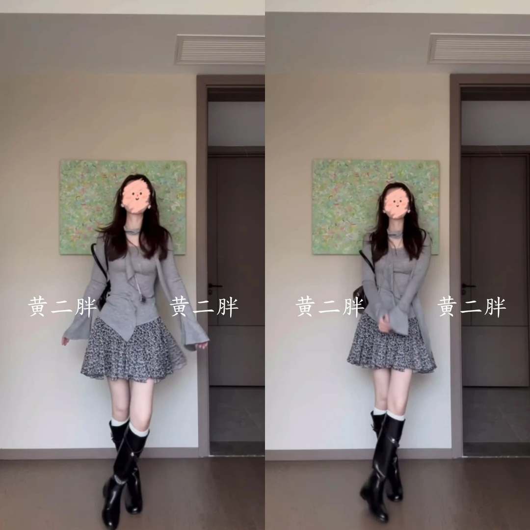 荷叶边飘带领长袖针织T恤女秋季新款韩系修身显瘦灰色上衣+碎花裙