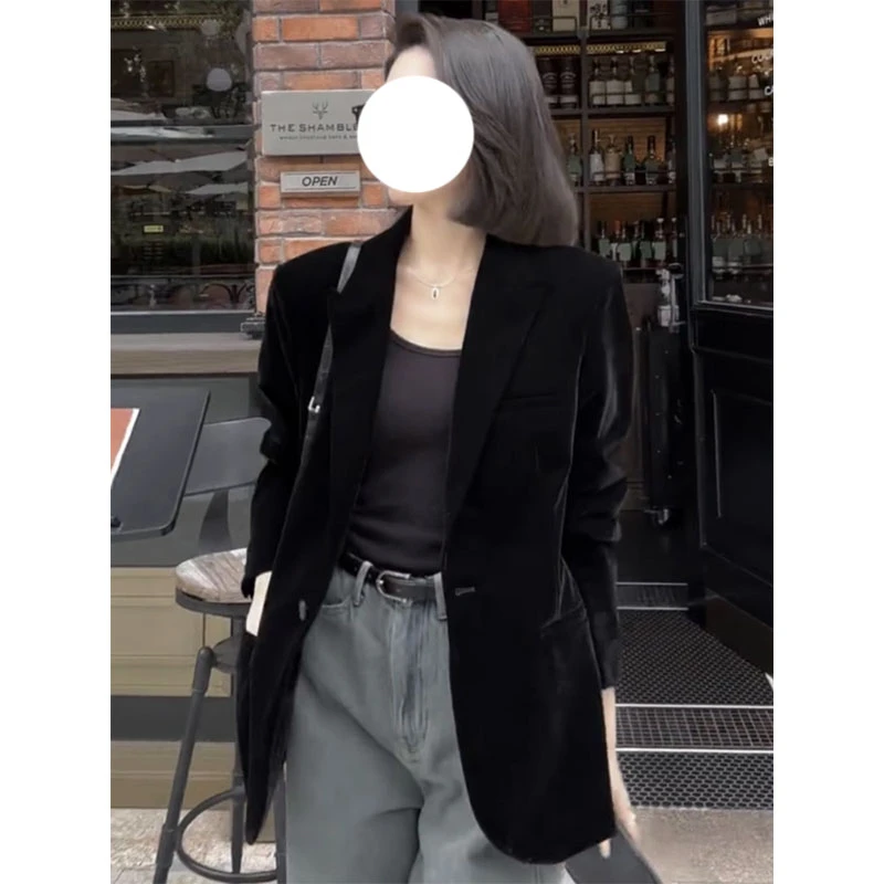 高级感炸街黑色丝绒西装外套女春秋显瘦气质女神范小个子西服上衣