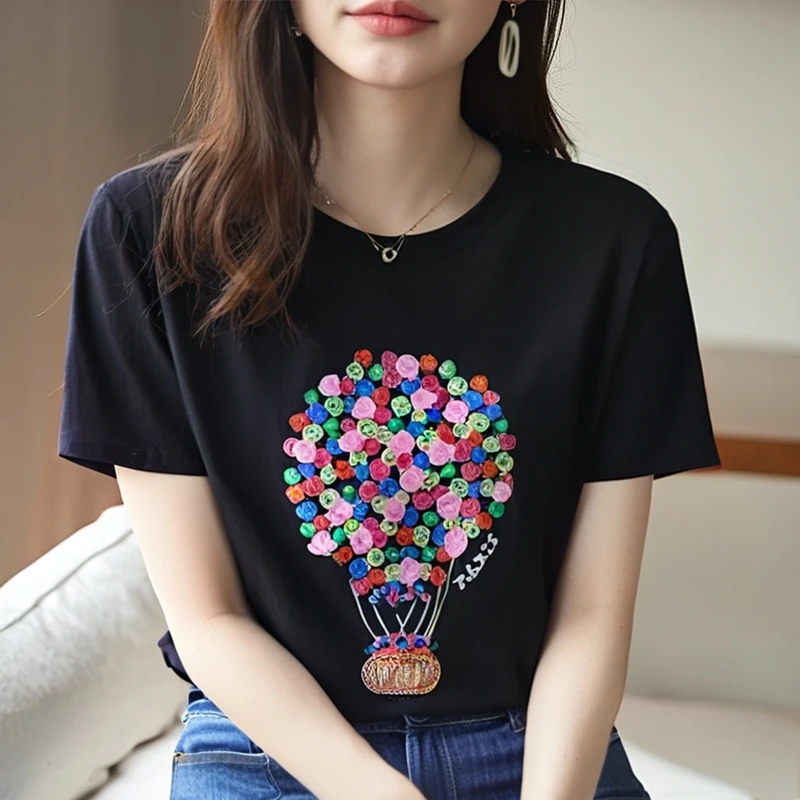 【玫瑰气球】中式刺绣短袖显瘦T恤女2025短袖女款爆款2025新款