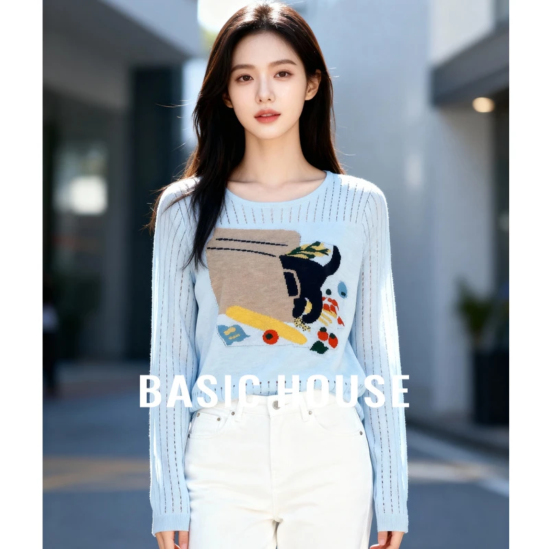 Basic House/百家好圆领毛针织衫女2025秋冬提花宽松显瘦套头上衣