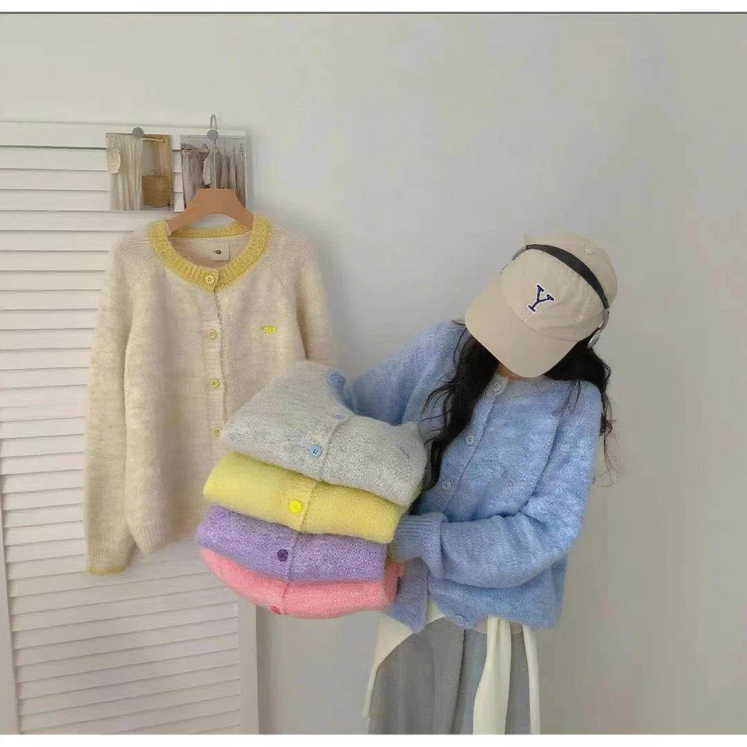 拼色韩版洋气毛针织衫宽松毛绒秋季春季女上衣针织