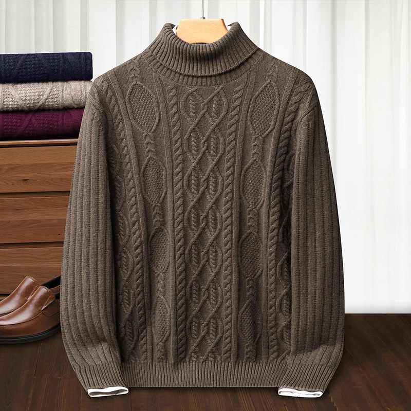 鄂尔多斯市100%纯山羊绒男士高档羊绒衫冬季加厚保暖高领打底毛衣