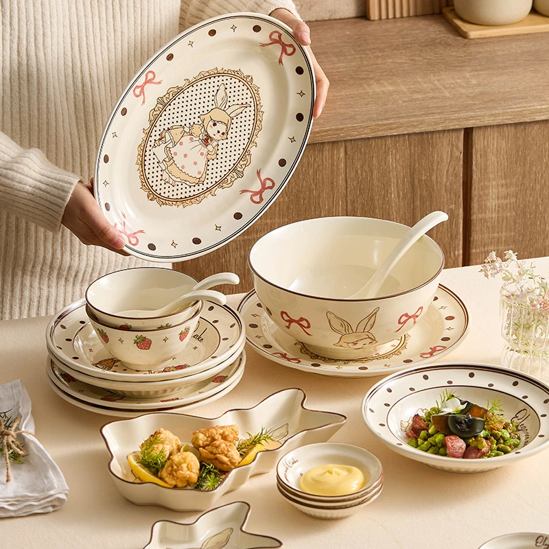 釉下彩餐具碗碟家用陶瓷碗筷盘创意可爱卡通兔子乔迁新居餐盘