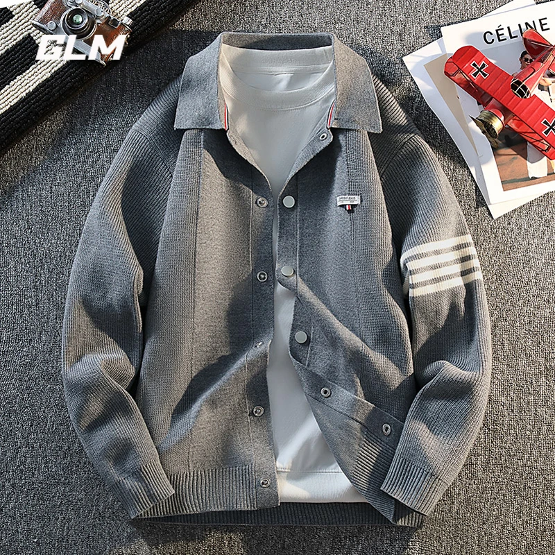 GLM翻领条纹撞色毛衣开衫男秋冬季新款时尚百搭复古休闲针织外套