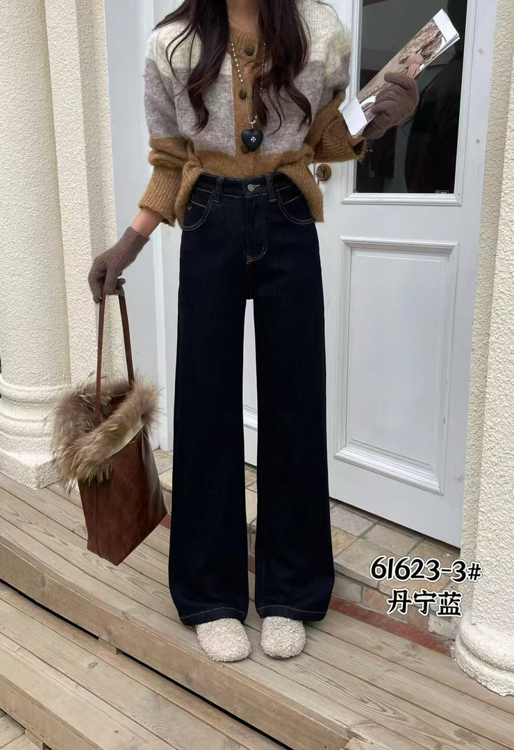直筒裤牛仔裤女加绒加厚窄版直筒裤高腰丹宁复古时尚牛仔直筒裤潮