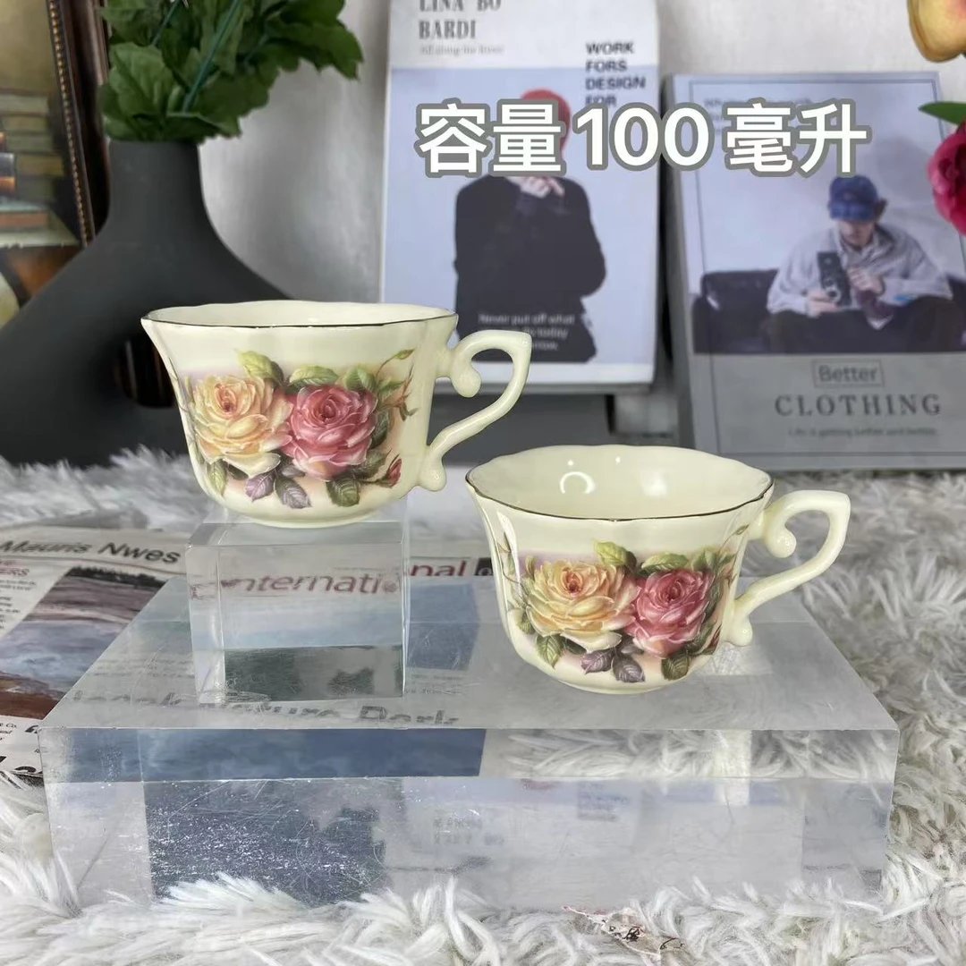 陶瓷欧式象牙黄老镇玫瑰小容量茶杯（100毫升）