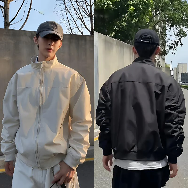 美式教练硬汉三防立领夹克男痞帅高级感纯色宽松短款飞行工装外套