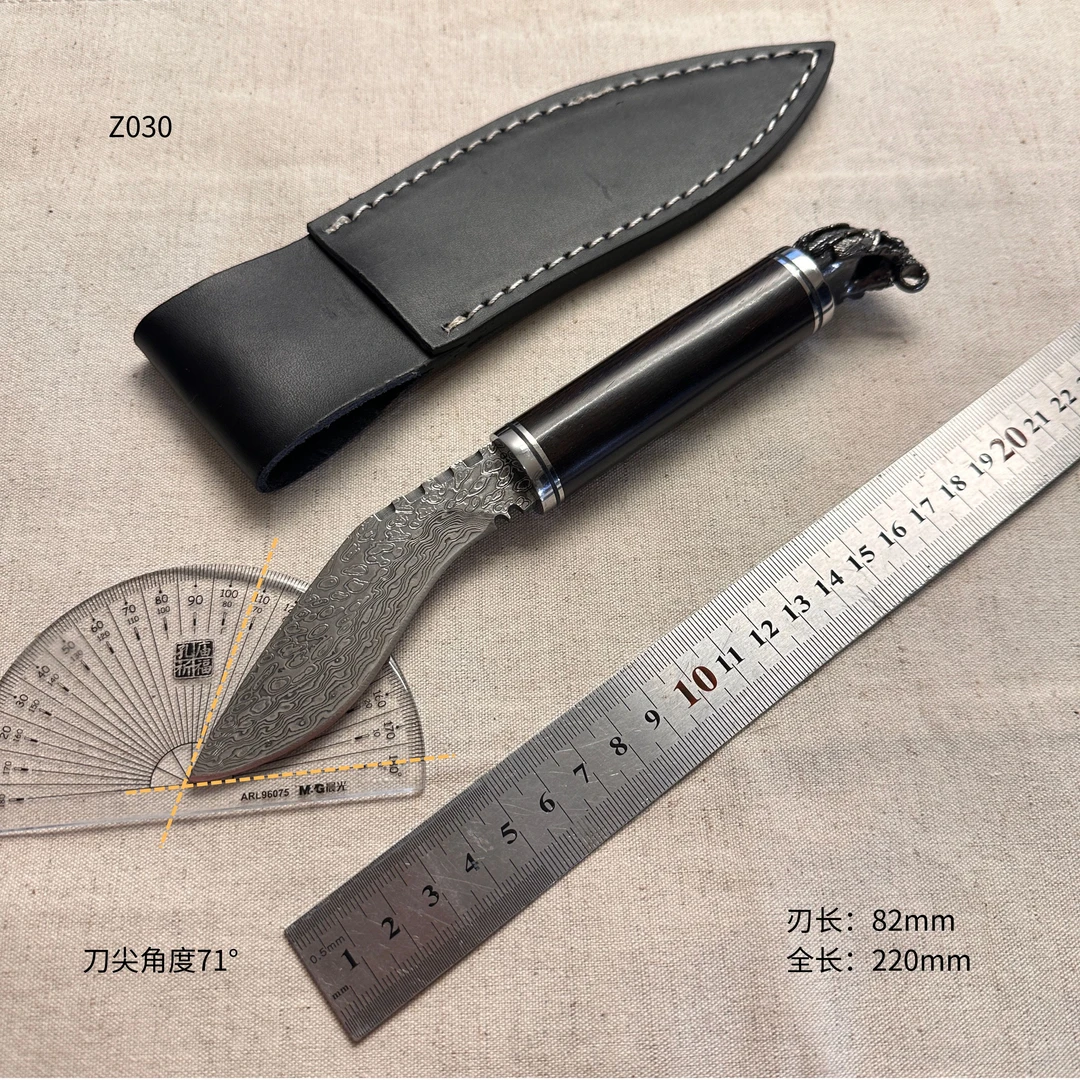 （实拍）大马士革钢木柄印第安尾户外刀小刀水果刀把肉刀小狗腿Z030