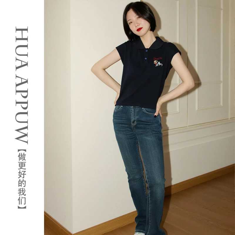 画朴休闲运动刺绣设计短袖纯棉T恤2025夏季新款修身显瘦百搭上衣