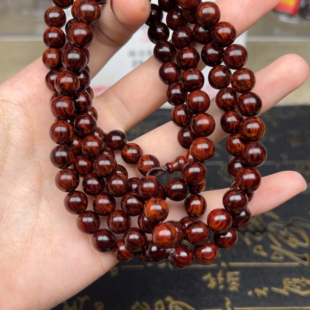 盼***来花梨木类手串/手链红降08/108圆珠黑金树心油虎皮纹超一档