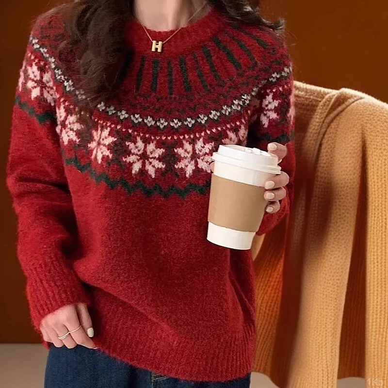 复古提花圣诞红色费尔岛毛衣女套头宽松春秋厚款慵懒软糯针织上衣