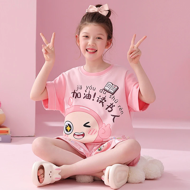 女童睡衣夏季棉质薄款短袖儿童家居服2025新款蛋仔中大童女孩套装
