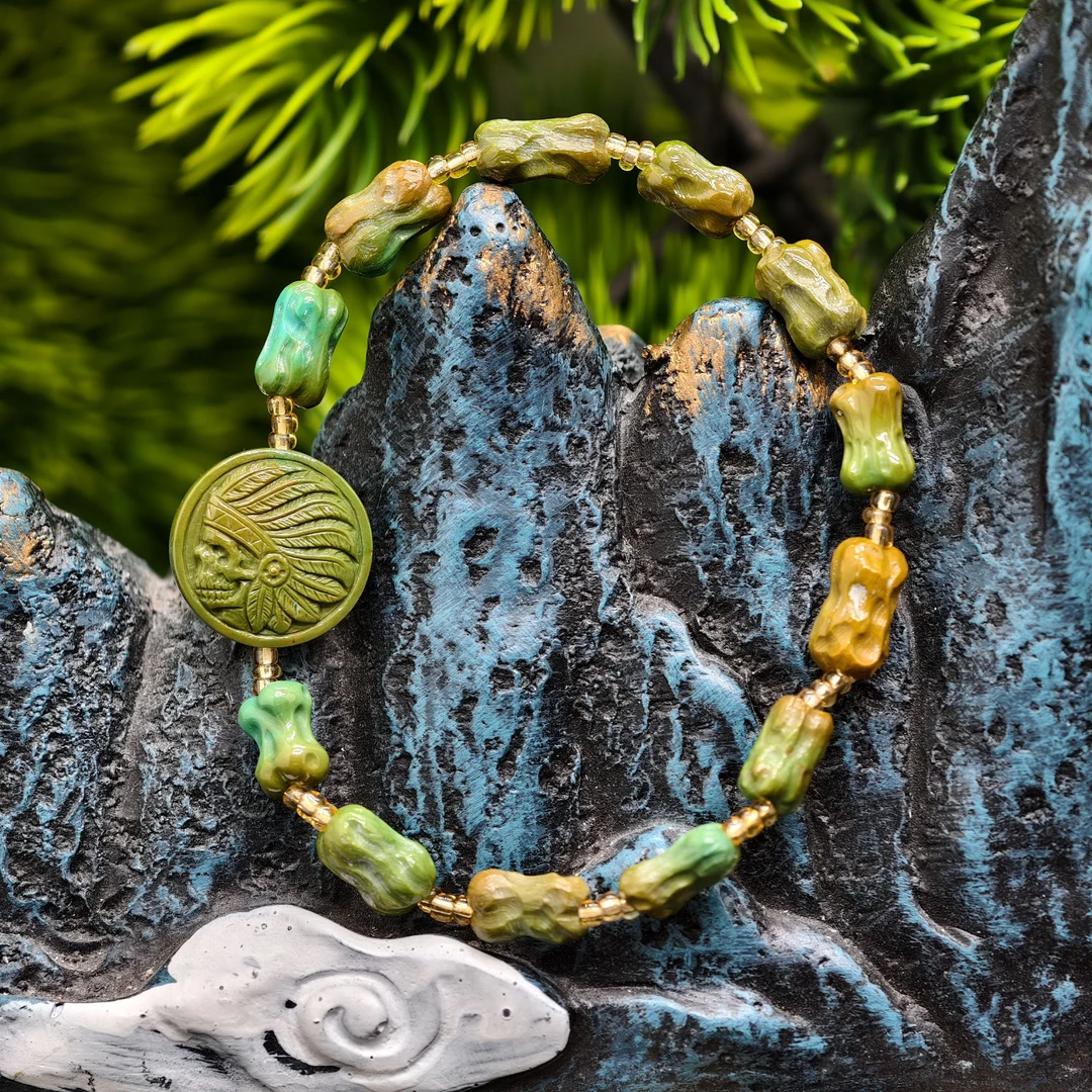 （升升）品众精选搭配设计款绿松石手工雕刻骷髅酋长羊角单圈手链