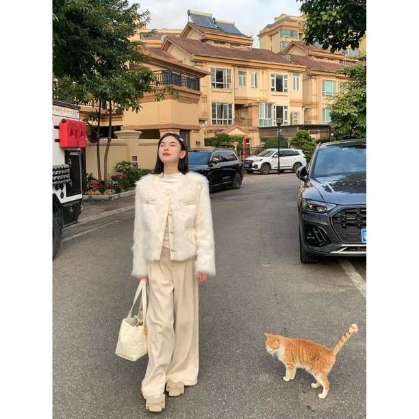 【人间苏妲己】76731 韩版宽松复古名媛小香风圆领短款毛毛外套