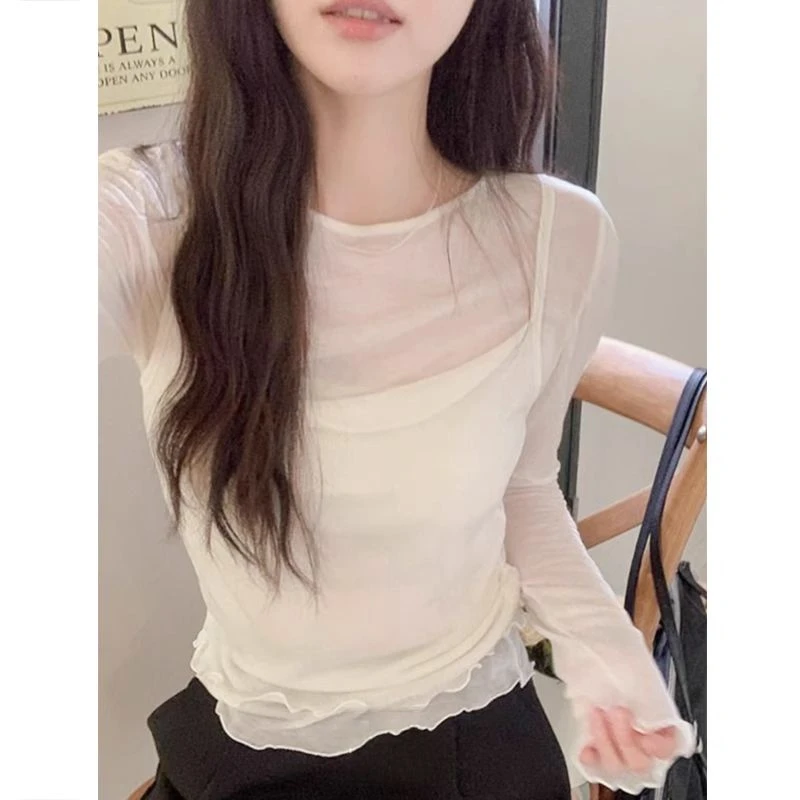 纯欲白色打底衫薄款内搭长袖t恤女2025春秋季别致耳边假两件上衣