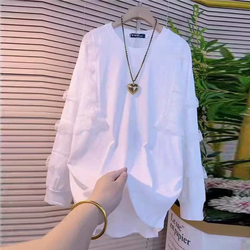 2025春秋季新款女士宽松显瘦百搭白色上衣时尚独特圆领长袖t恤衫