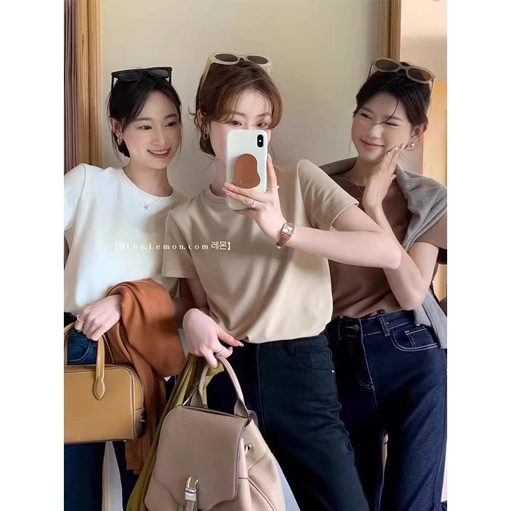 圆领短袖T恤女春秋宽松夏季新款纯棉打底衫内搭体恤正肩上衣