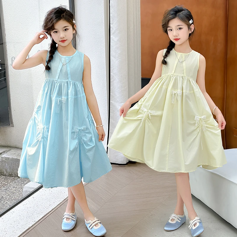 女童连衣裙夏装2025新款儿童蝴蝶结公主裙中大童夏季无袖背心裙子