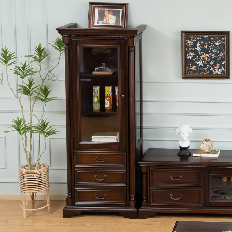 核桃木美式高柜单门酒柜三抽客厅古典简美展示柜复古家用单门三抽