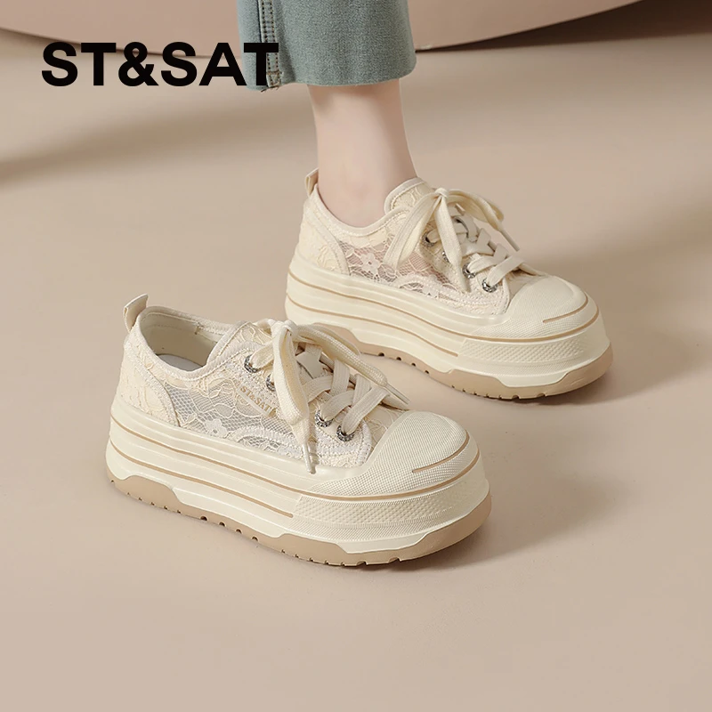 星期六小香风女鞋2025新款夏季圆头女蕾丝帆布鞋透气休闲运动女鞋