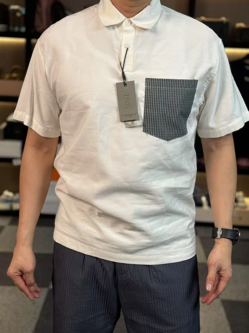 30198-新款拼接翻领口袋男士时尚休闲短袖polo衫