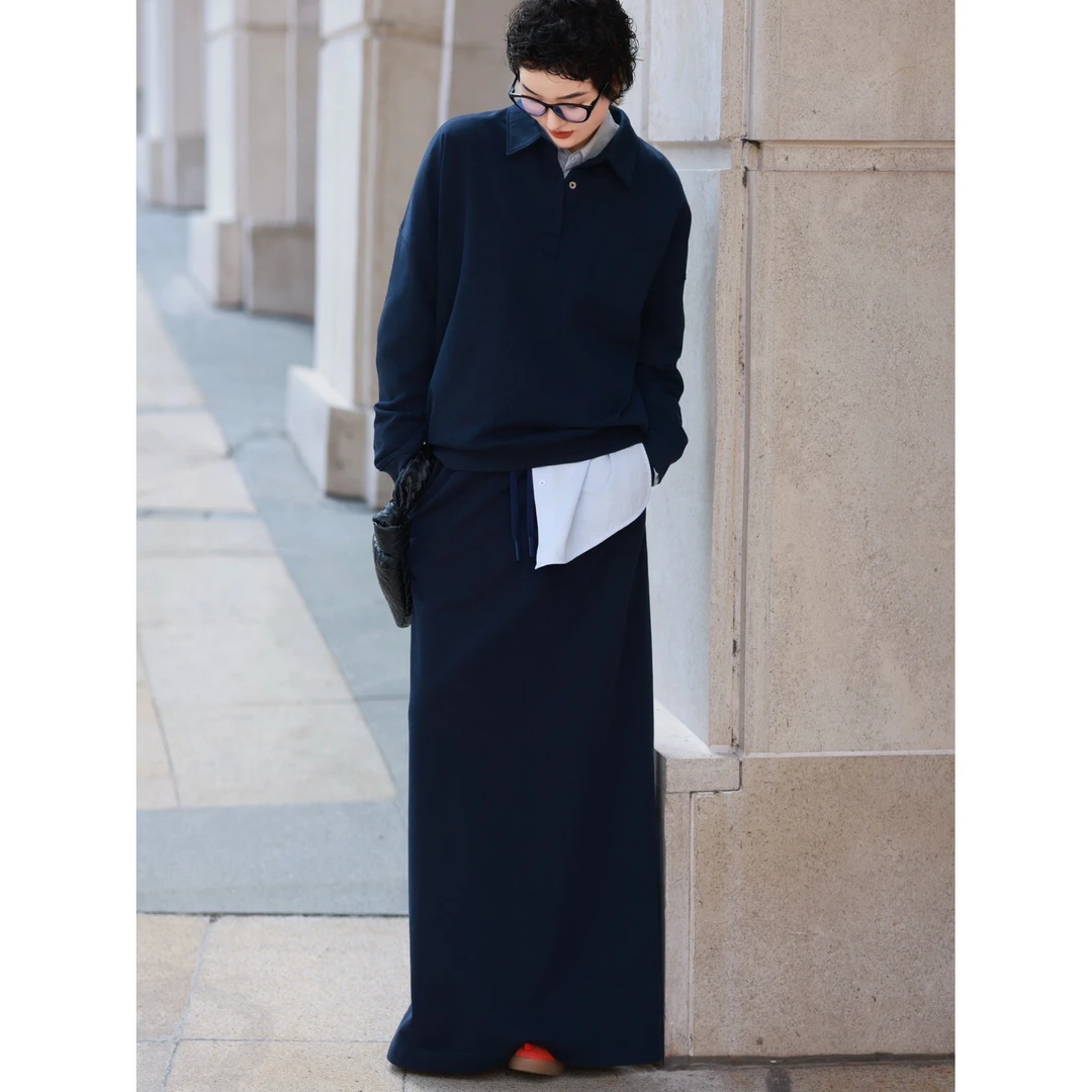 【简单深蓝】翻领卫衣 松紧腰半裙 匹马棉衬衫 简单且高级色系