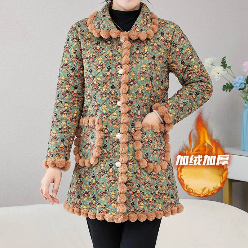 冬新款加绒加厚中长版棉衣中老年女装洋派碎花保暖时尚棉袄妈妈装