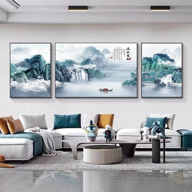 流水生米 现代晶瓷镶钻装饰画 新中式背有靠山客厅挂画