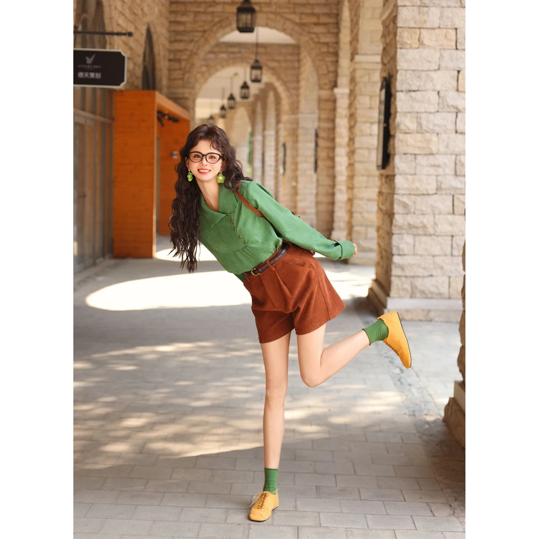 陈佳洁【糖炒栗子】港风复古休闲高腰短裤宽松百搭裤子JN1203101