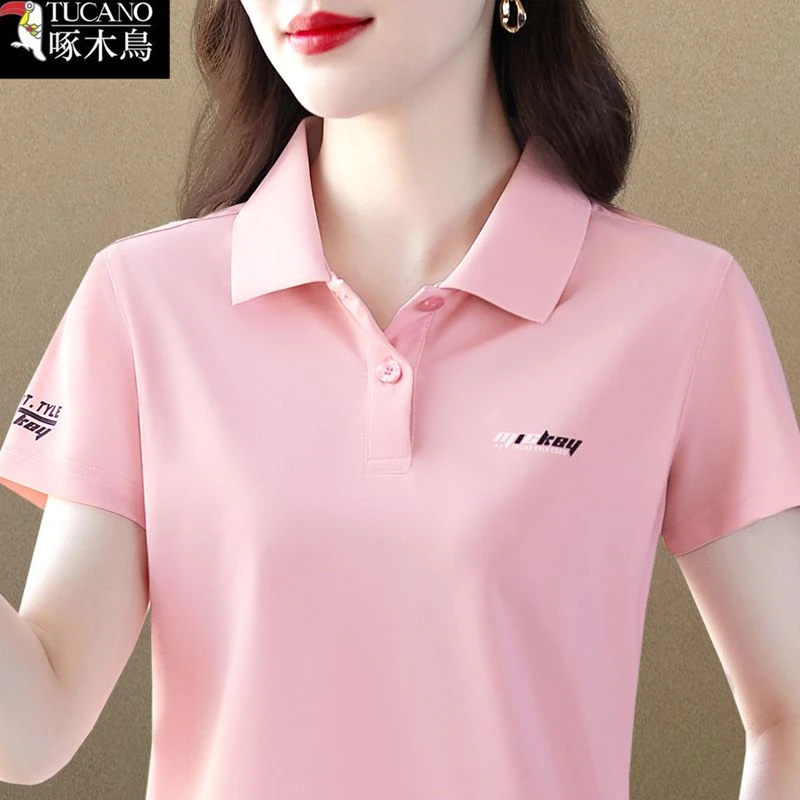 啄木鸟POLO领设计感短袖夏季T恤女2025年新款时尚显瘦印花上衣ins