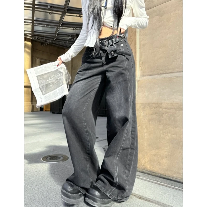 Blackgirl新款【夏天乐队】春夏小众拼接工装风拽姐黑色显瘦牛仔裤