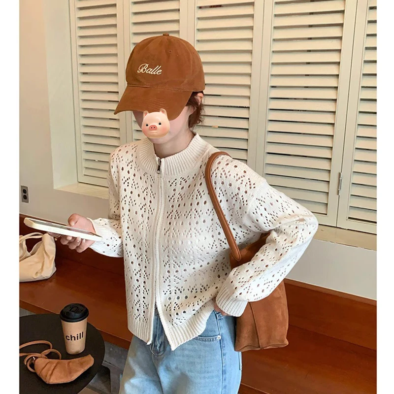 白色镂空双拉链针织外套女2025早秋季新款慵懒风短款毛衣开衫上衣