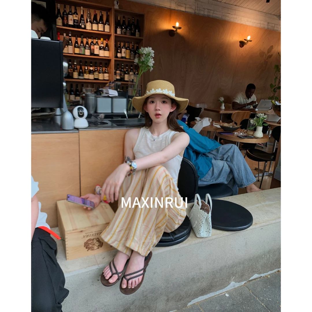 MAXINRUI 【亚麻自留裤】条纹麻裤慵懒风条纹设计休闲长裤RRK25150