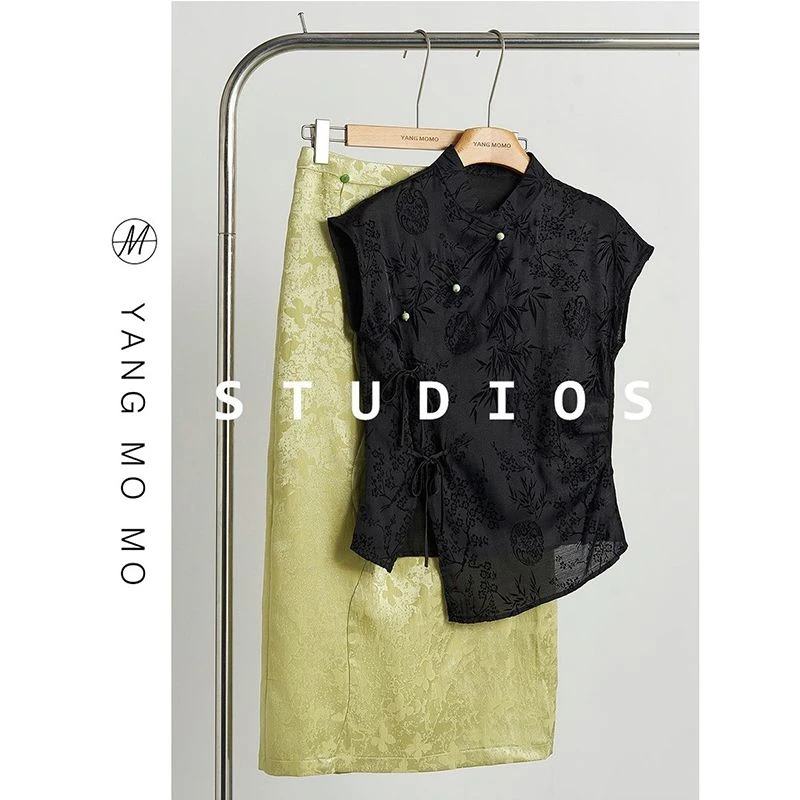 新中式国风夏季穿搭2025新款女斜襟盘扣短袖衬衫提花半身裙两件套