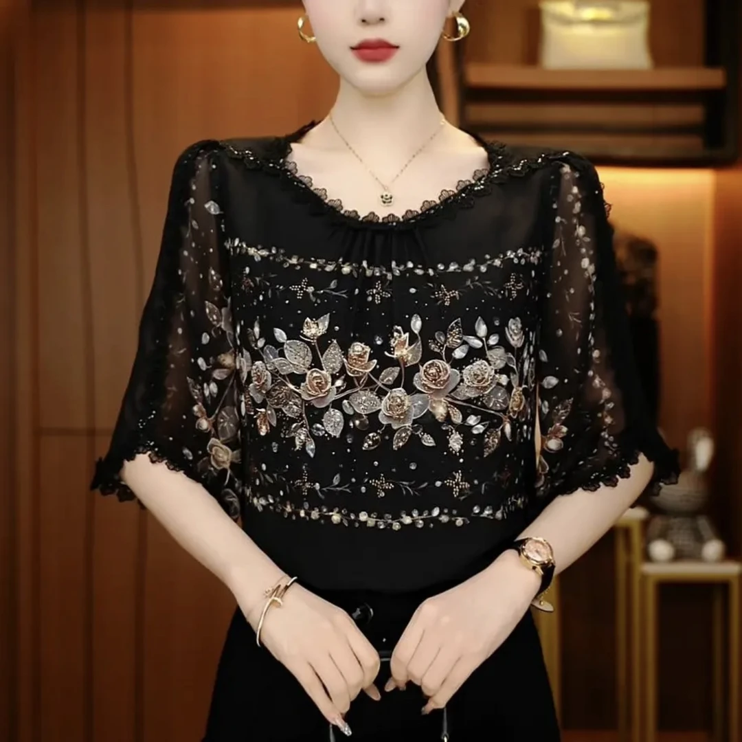 琉璃双绉丝一字领时尚花衬衫夏季中袖百搭洋气显瘦显白女装