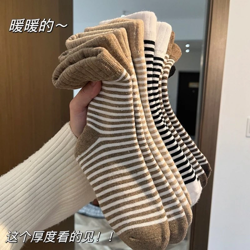 袜子女秋冬季条纹毛圈新款加绒加厚中筒袜毛巾袜保暖袜居家地板袜