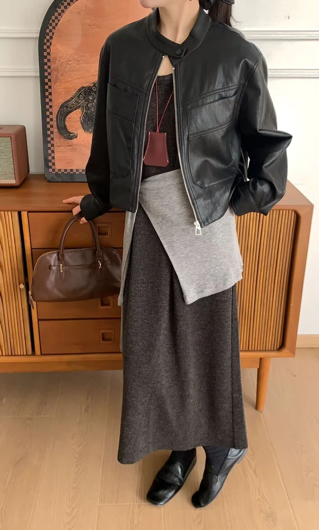 新款单纯色简单皮衣