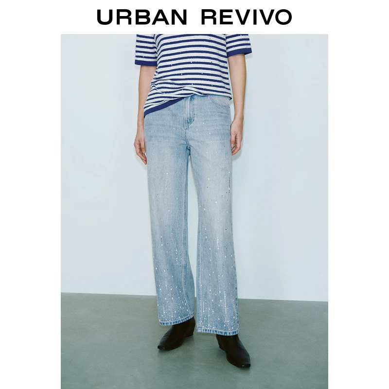 【春嬉游园】UR2025新品欧若风钉珠饰直筒牛仔长裤UWG850055