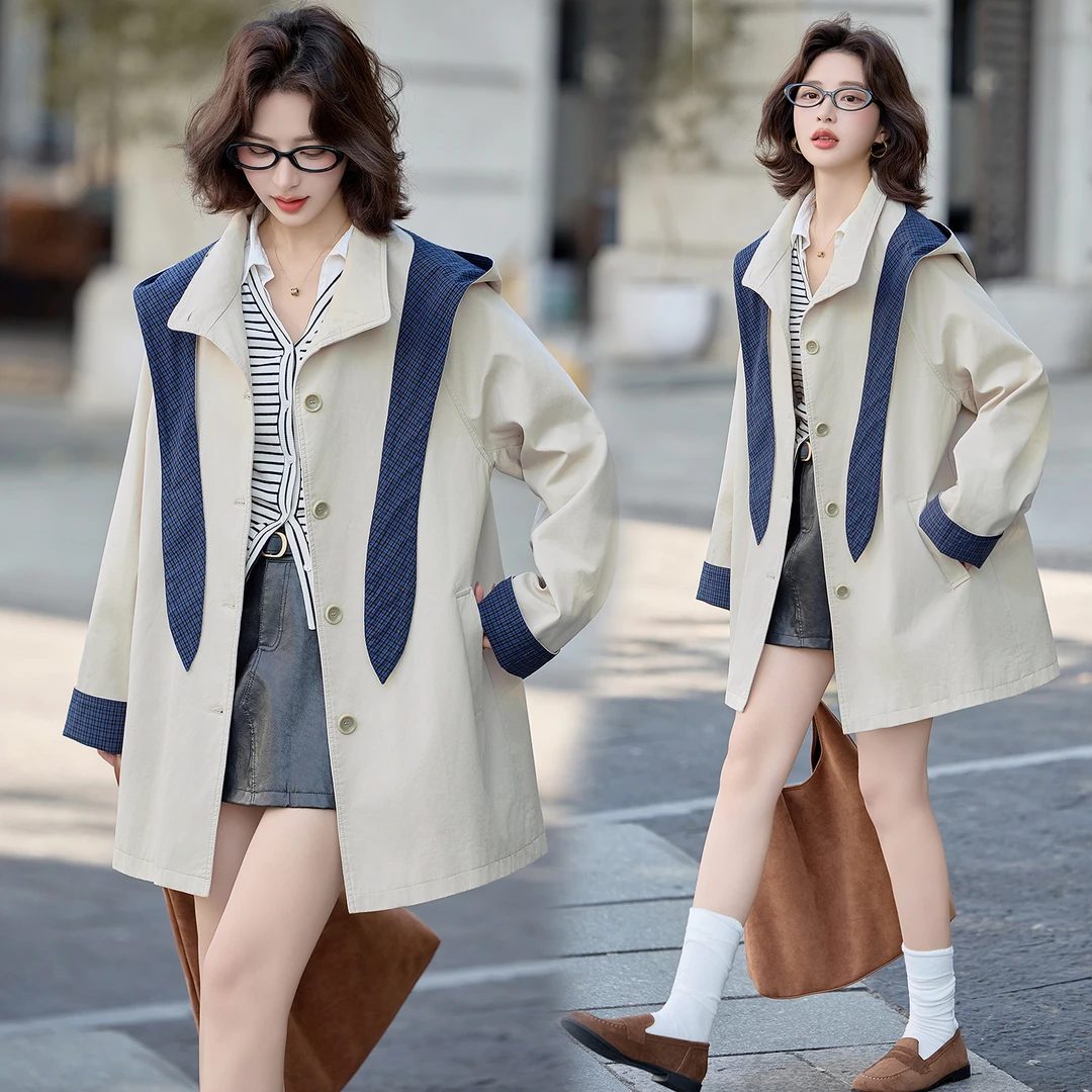 韩系气质撞色连帽风衣外套女2025年春秋新款学院风宽松中长款大衣