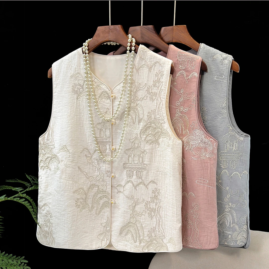 国风马甲女2025年新中式坎肩背心名媛风重工钉珠刺绣上衣