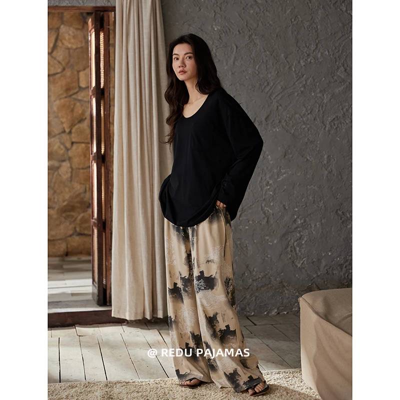 热妒莫代尔棉睡衣女春秋款带胸垫一体黑色简约可外穿家居服套装