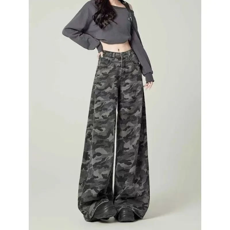美式街头工装阔腿迷彩牛仔裤女春秋复古高腰宽松显瘦直筒休闲裤子