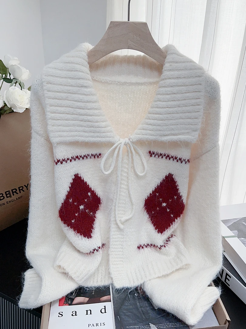 时尚高级感法式娃娃领系带毛衣外套2025秋冬宽松针织开衫上衣女装