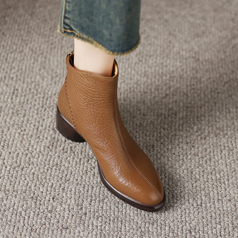 头层羊皮厚底真皮复古短靴 5公分大码舒适防滑粗跟百搭法式女靴子