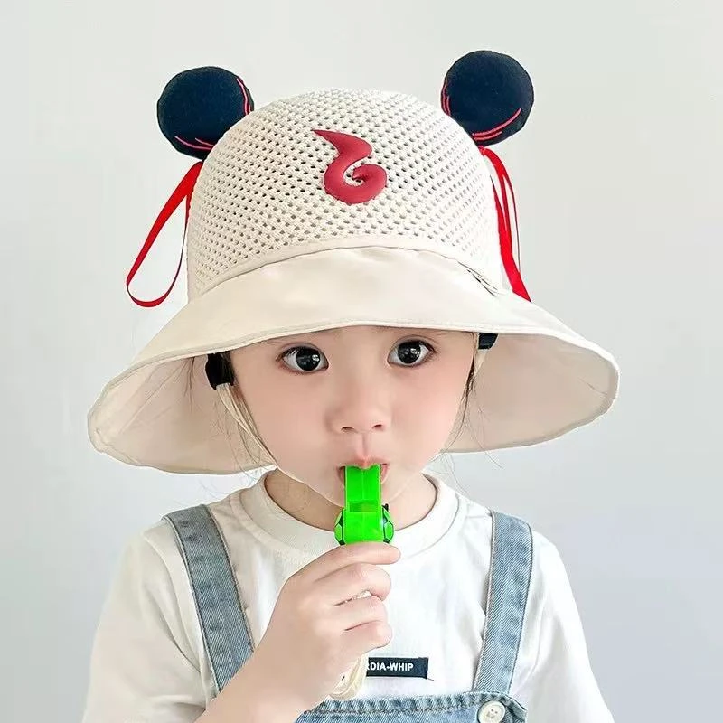 儿童渔夫帽夏季卡通哪吒帽子男童遮阳帽女童防晒帽透气网眼盆帽