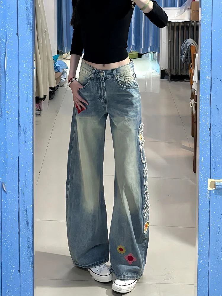 美式高街辣妹立体花卉刺绣牛仔裤子女时尚设计感小众百搭拖地长裤