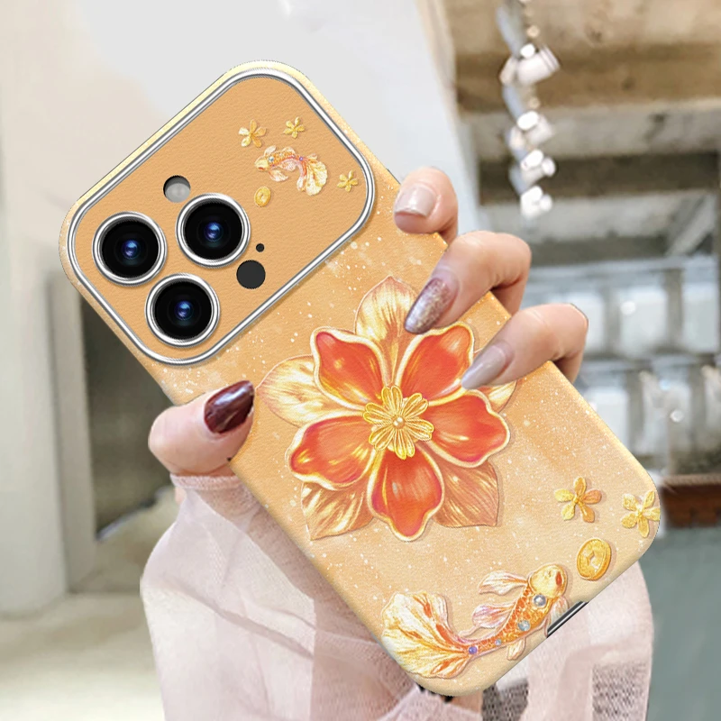 金花锦鲤适用苹果17promax手机壳iphone16pro复古轻奢风air保护套