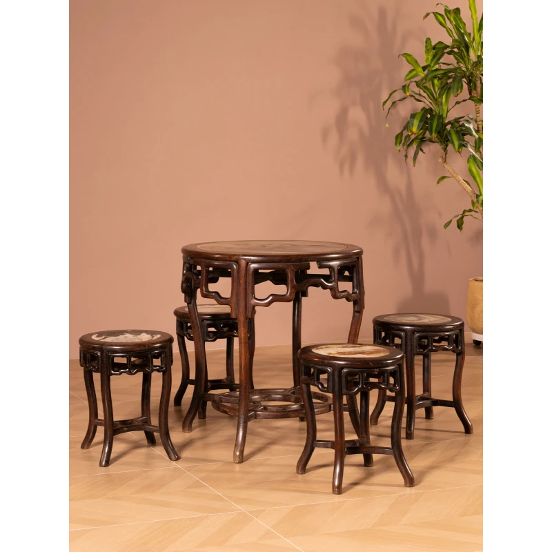 清代红木镶云石圆台成套（一桌四凳）明清古董家具大红酸枝茶桌