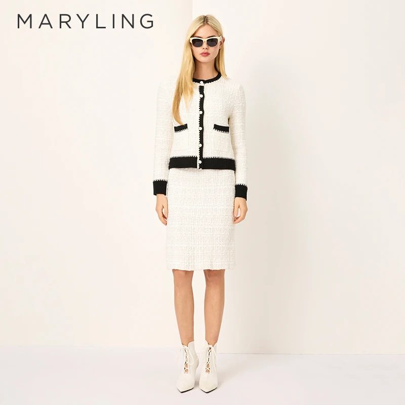 MARYLING玛俪琳2025初春新品黑白撞色圆领针织开衫女A1FAW08040